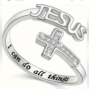 Inspirational "JESUS" Adjustable Ring W/ Cross and Crystals. "I can Do All …